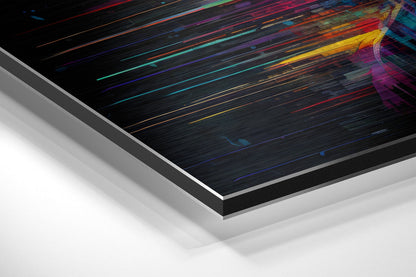 Angled perspective view of brushed aluminum Dibond wall art displaying colorful diagonal light streaks against dark textured background with visible layered edge.