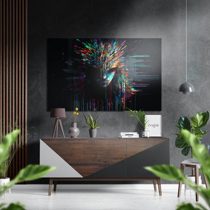 Colorful digital glitch artwork with neon streaks displayed above a wooden dresser in a modern gray interior setting.