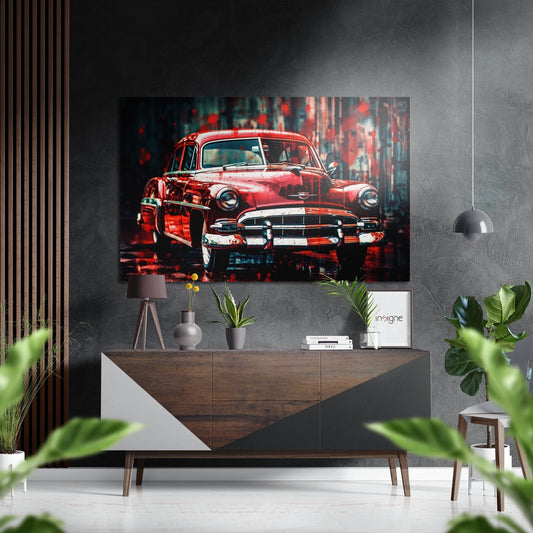 Red vintage sedan with paint splatter effect displayed above wooden console in modern interior setting.