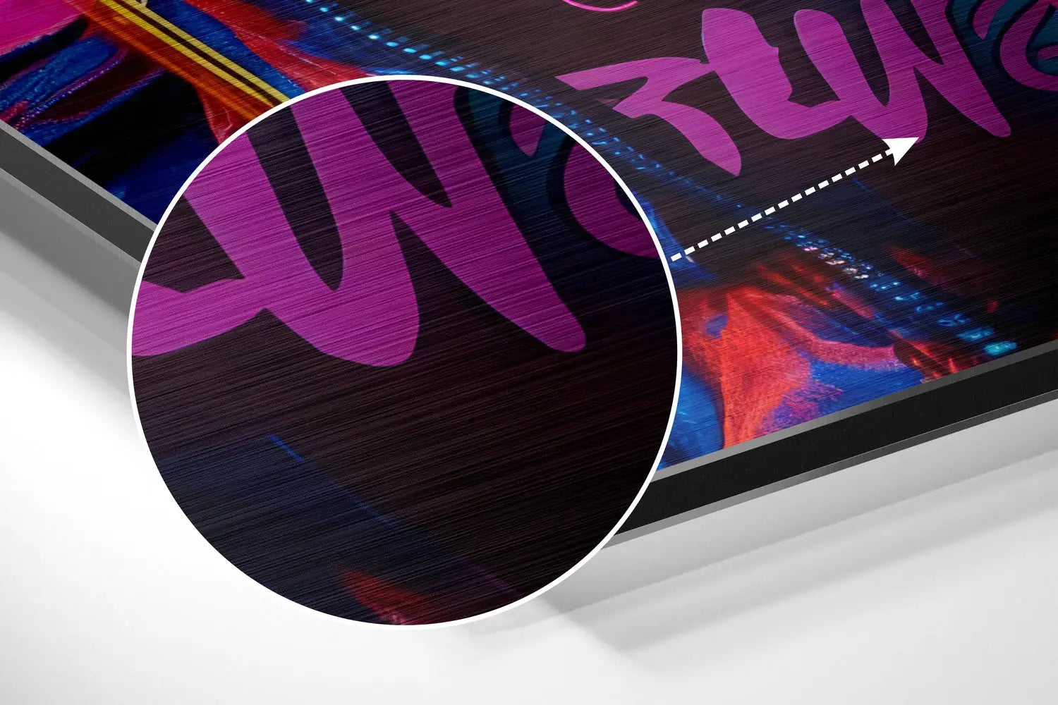 Vibrant purple graffiti on brushed aluminium dibond print