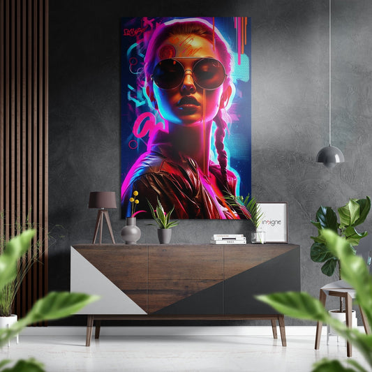 Neon cyberpunk portrait with braided hair and sunglasses displayed above wooden console in modern interior setting.