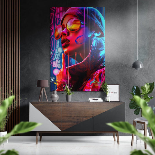 Neon Pop Diva Woman Brushed Aluminum Dibond Wall Art displayed above wooden sideboard in modern interior with plants and pendant lamp.
