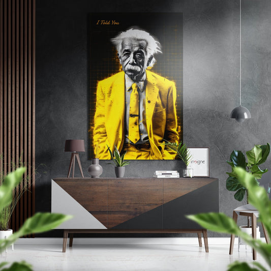 Modern interior featuring black and gray textured wall displaying yellow-jacketed Einstein portrait with "I Told You" text above wooden console.