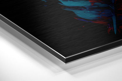 Close-up angled view of layered brushed aluminum and white composite materials showing edge detail and metallic finish with colorful abstract design visible on surface.