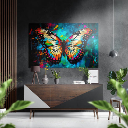 Splattered Neon Butterfly on Teal Brushed Aluminum Dibond Wall Art