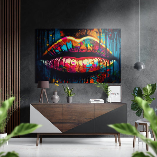 Colorful graffiti lips artwork displayed above wooden console in modern gray interior with plants and pendant light.