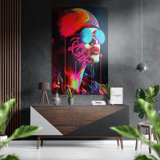 Vibrant neon pop art portrait with blue sunglasses and rainbow hair displayed above wooden console in modern interior setting.