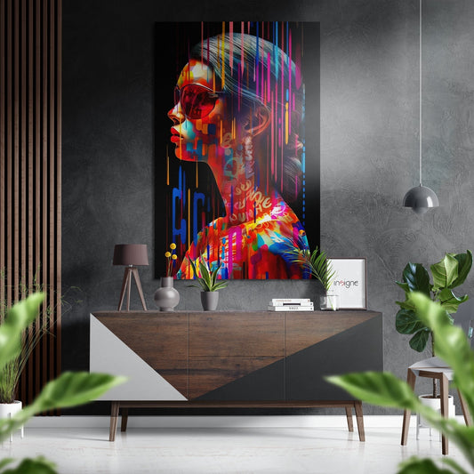 Modern living room interior featuring a colorful neon-style portrait of a woman's profile displayed on a dark wall above a wooden console table with decorative items.