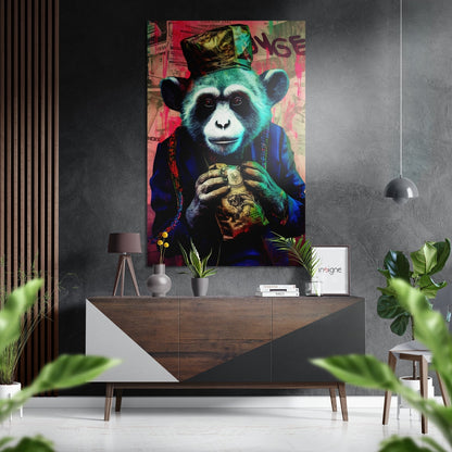 Vibrant pop art chimpanzee wearing a gold crown and blue jacket, displayed above a wooden console in a modern living room setting.