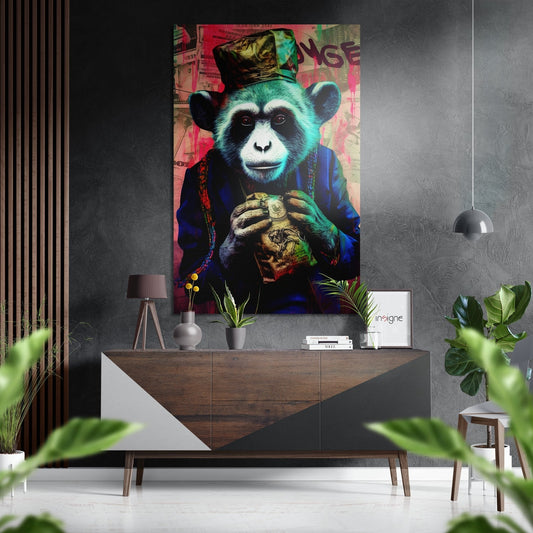 Vibrant pop art chimpanzee wearing a gold crown and blue jacket, displayed above a wooden console in a modern living room setting.