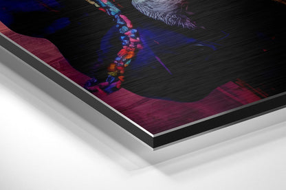 Angled product view showing layered edge construction of brushed aluminum Dibond wall art with colorful monkey illustration on dark background.