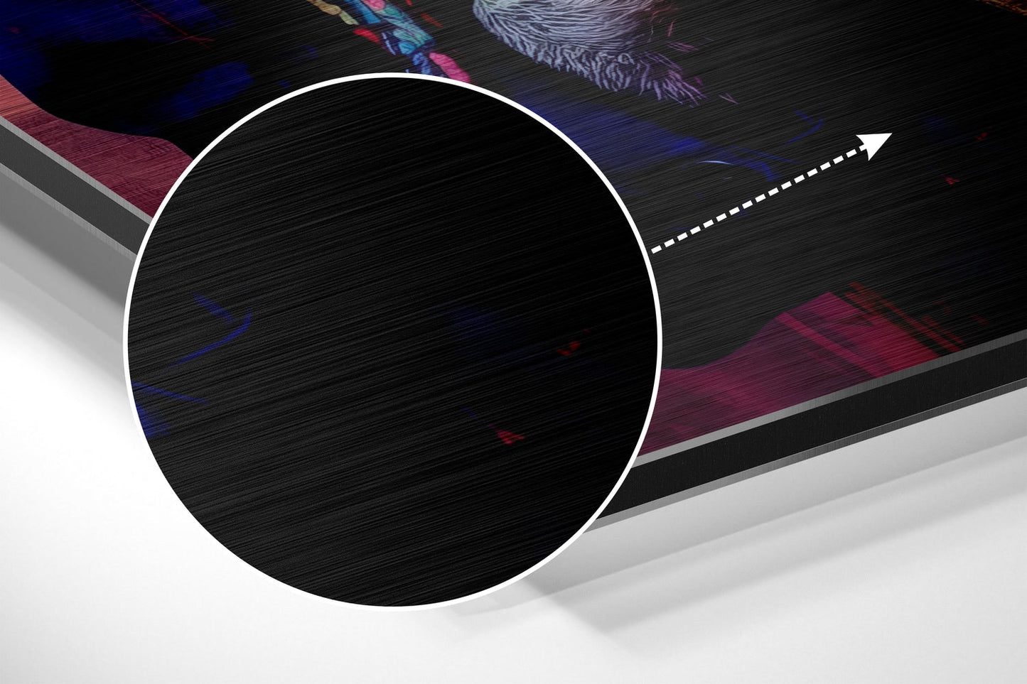 Angled product display showing circular white-bordered preview area with colorful abstract brushed metal artwork featuring blue, purple, and magenta tones visible in background.