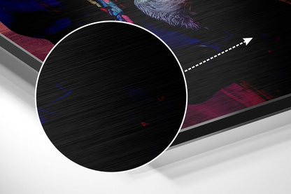 Angled product display showing circular white-bordered preview area with colorful abstract brushed metal artwork featuring blue, purple, and magenta tones visible in background.