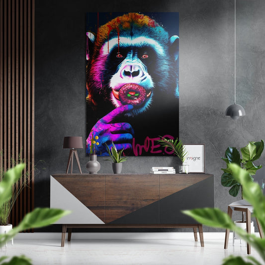 Colorful pop art monkey with pink donut displayed on gray wall above wooden dresser in modern interior setting.