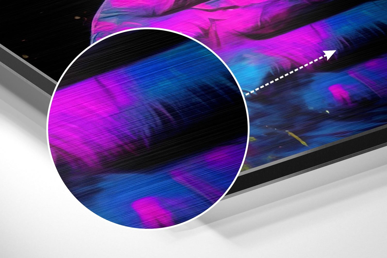 Angled perspective view of circular Dibond wall art with vibrant magenta and blue streaked pattern and white border outline.