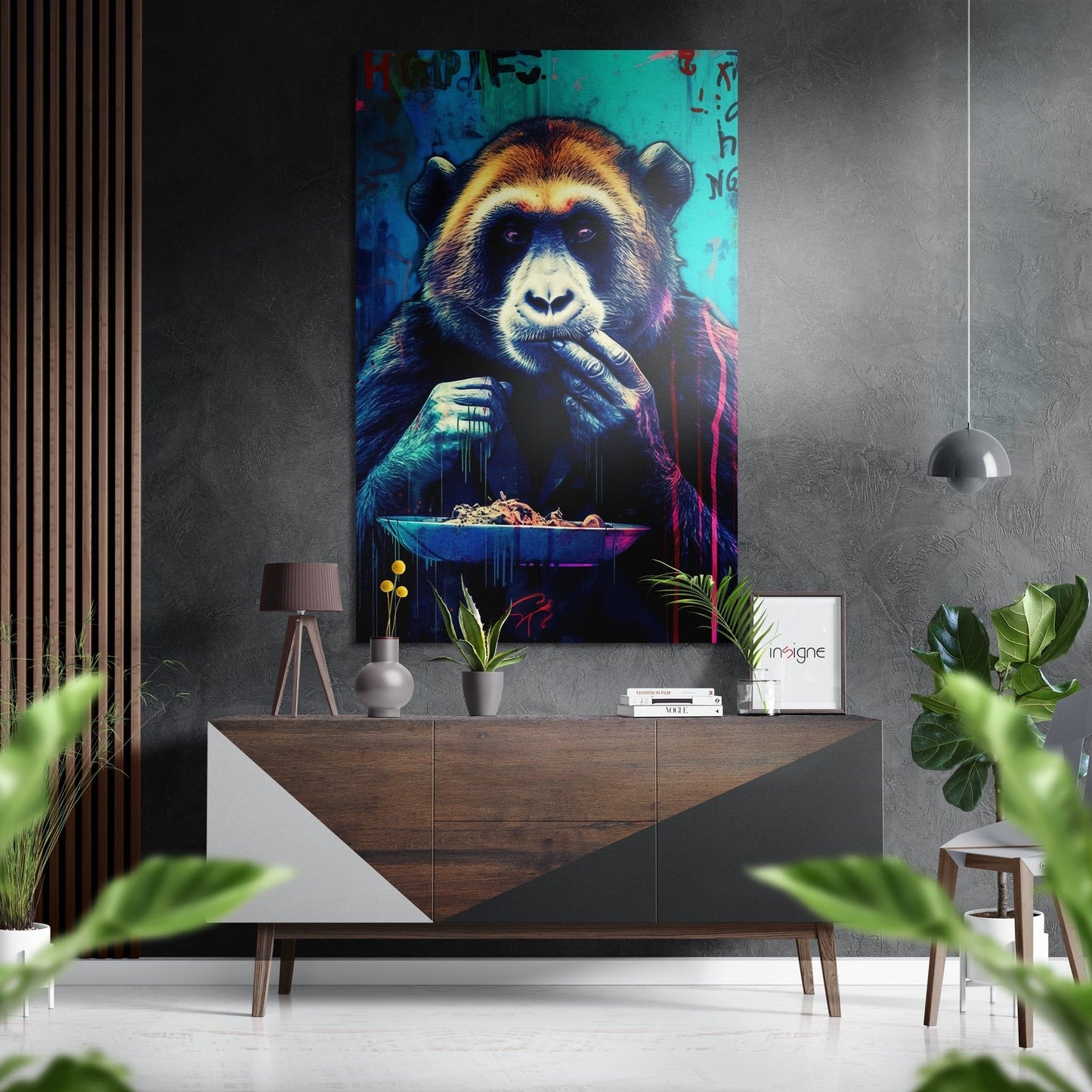 Neon Ape Eating Noodles Graffiti Brushed Aluminum Dibond Wall Art