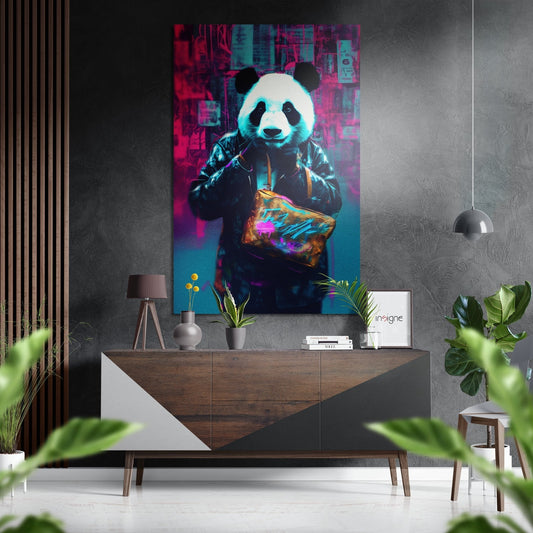 Vibrant neon panda holding colorful bag displayed on gray wall above modern wooden console table with plants and decor.