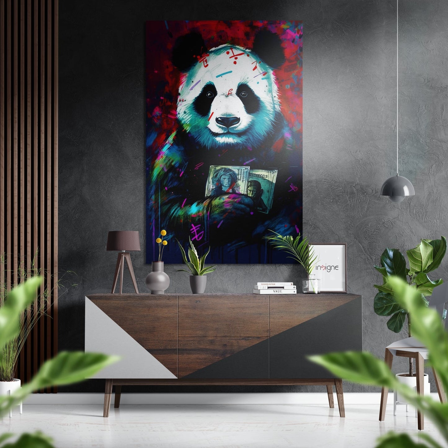 Teal Panda Holding Dollar Bills Brushed Aluminum Dibond Wall Art