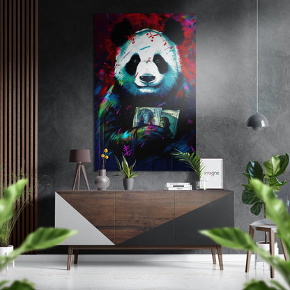 Teal Panda Holding Dollar Bills Brushed Aluminum Dibond Wall Art
