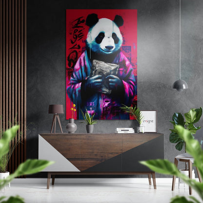 Pink Jacket Panda With Money Bag Brushed Aluminum Dibond Wall Art