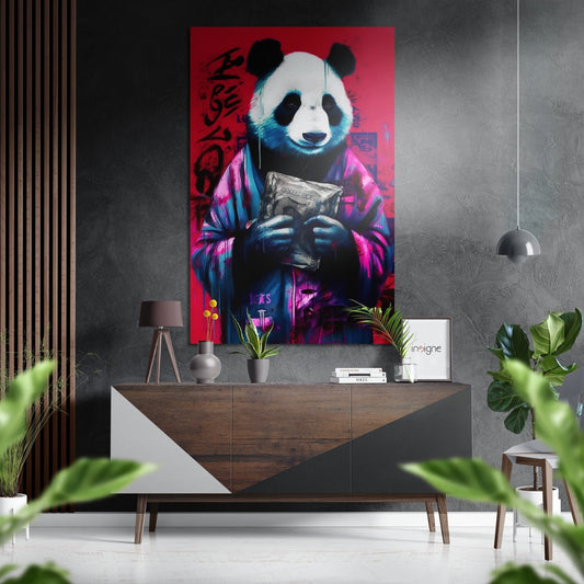 Modern living room interior featuring vibrant pop art panda canvas above wooden console table with decorative accessories and potted plants.