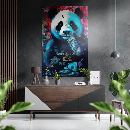 Modern interior featuring vibrant pop art panda canvas with neon blue and red tones, displayed above wooden console table with plants and accessories.