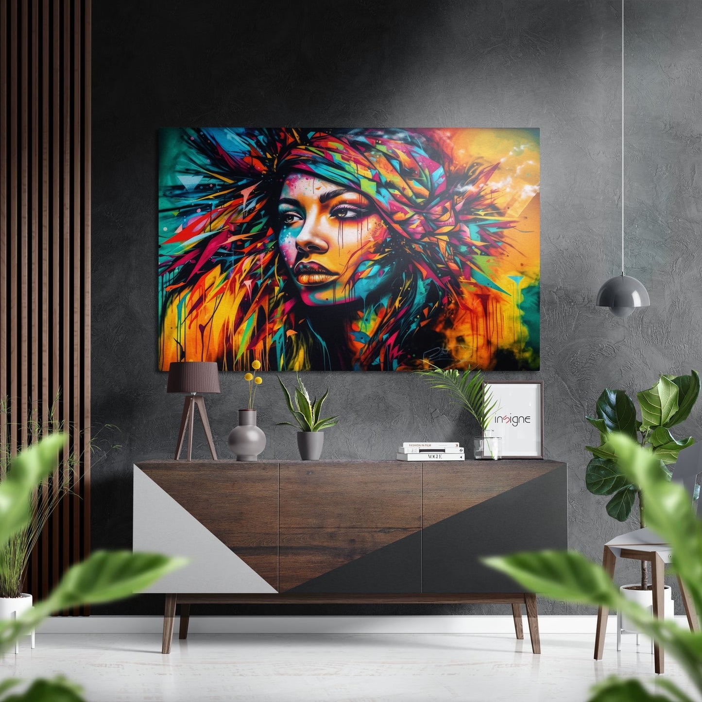 Feathered Rainbow Hair Woman Brushed Aluminum Dibond Wall Art