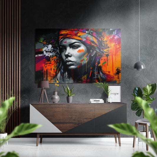 Modern interior with colorful graffiti portrait of woman with orange headscarf displayed above wooden sideboard with plants and decor.