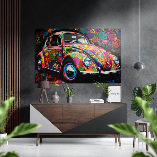 Colorful pop art Volkswagen Beetle with vibrant floral patterns displayed above wooden mid-century console in modern interior setting.