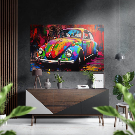 Vibrant pop art Volkswagen Beetle with multicolored paint displayed on gray wall above wooden console in modern interior setting.