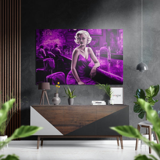 Purple neon bar scene artwork displayed above wooden console table in modern interior with plants and pendant lamp.