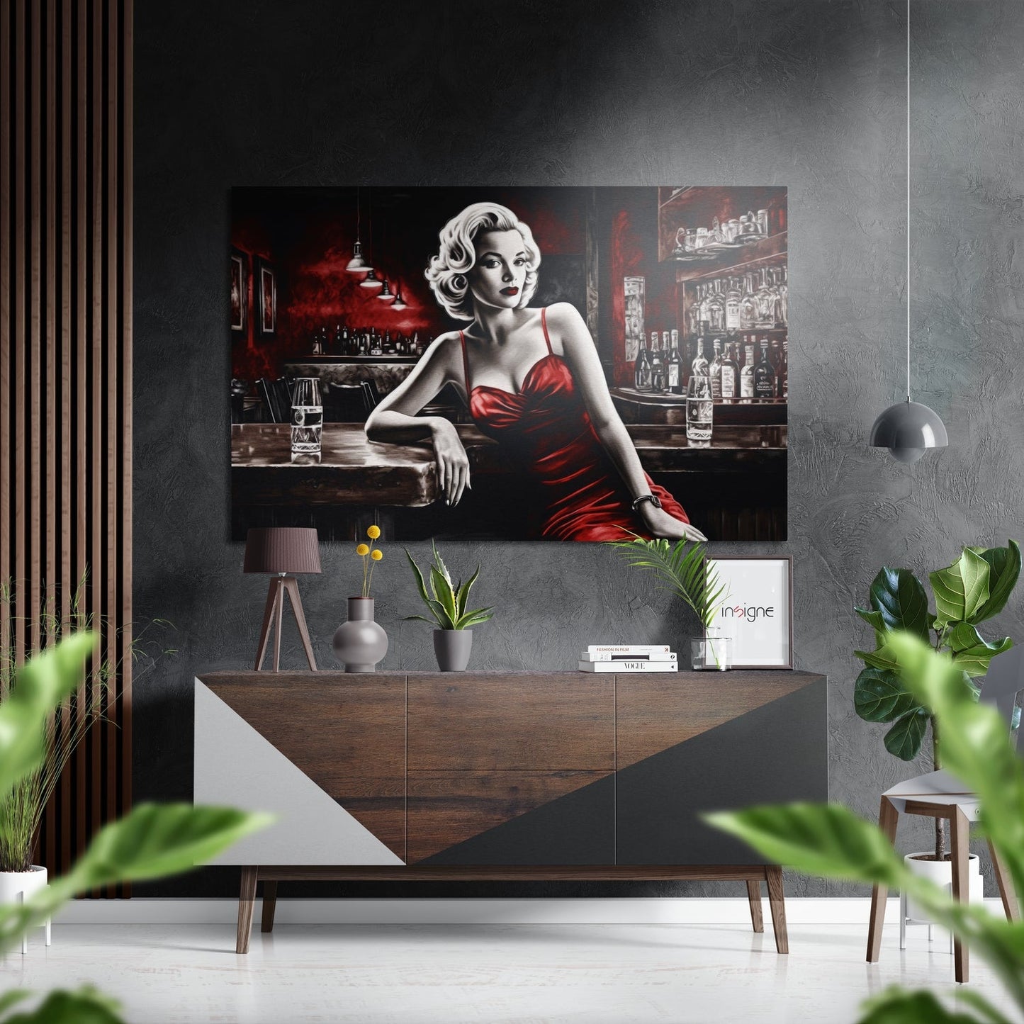 Red Satin Woman Leaning on Bar Brushed Aluminum Dibond Wall Art