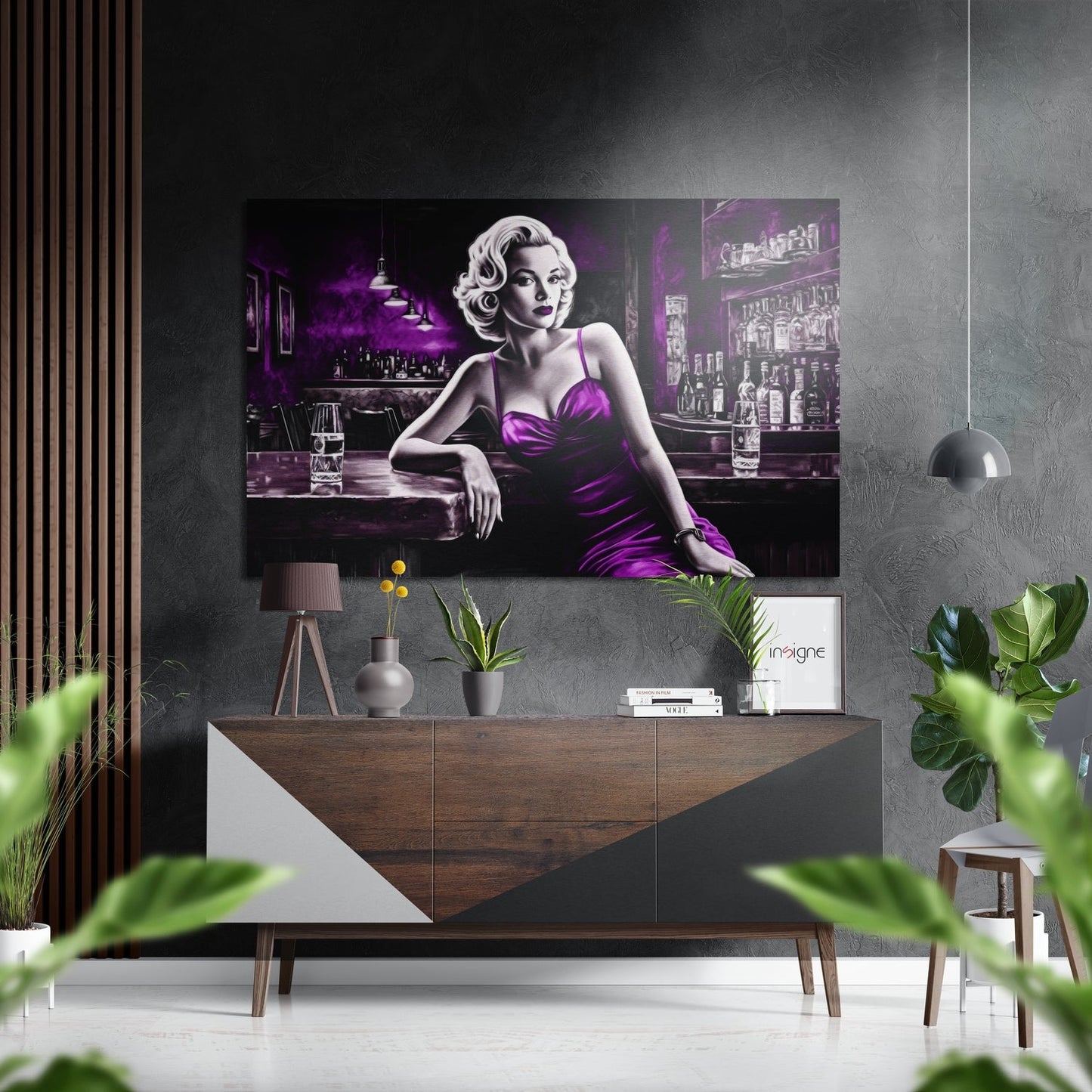 Violet Satin Woman at Bar Brushed Aluminum Dibond Wall Art