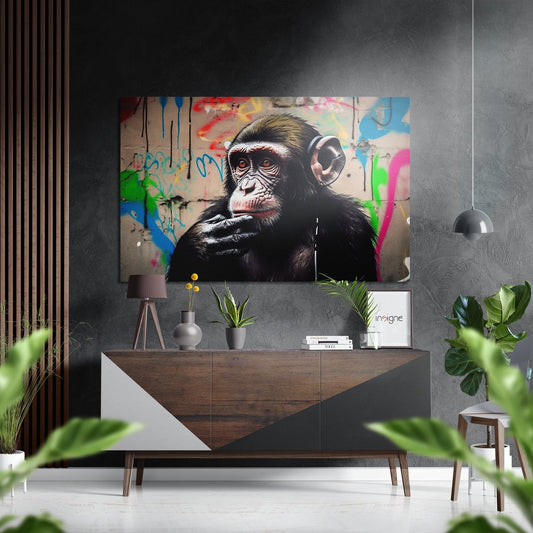 Modern living room interior displaying brushed aluminum Dibond wall art of a chimpanzee wearing headphones against colorful graffiti background, mounted above wooden console table with plants and accessories.
