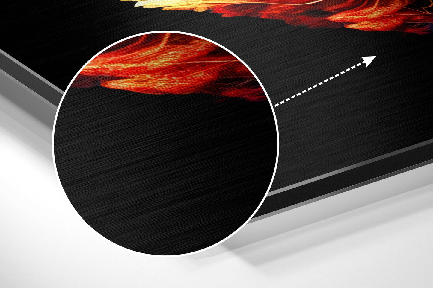 Abstract 3D composition featuring a white-bordered black circle with red and gold flame-like design elements against brushed metal surfaces and directional arrow.