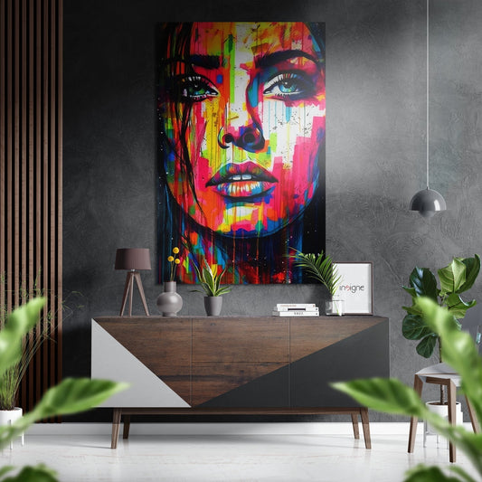 Colorful pop art portrait with neon rainbow drips displayed above a wood and white sideboard in a modern interior setting.