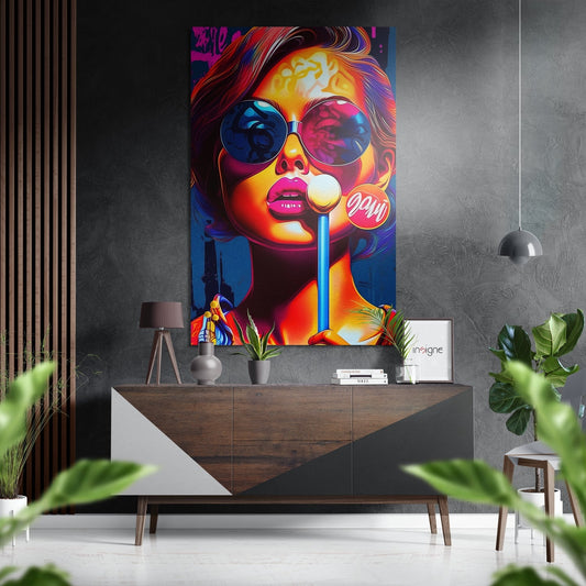 Vibrant neon pop art portrait of woman with sunglasses and lollipop displayed above mid-century modern wooden console in contemporary living room setting.