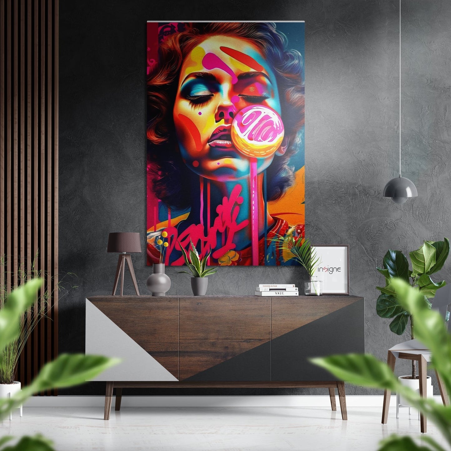 Pop Woman With Pink Swirl Lollipop Brushed Aluminum Dibond Wall Art