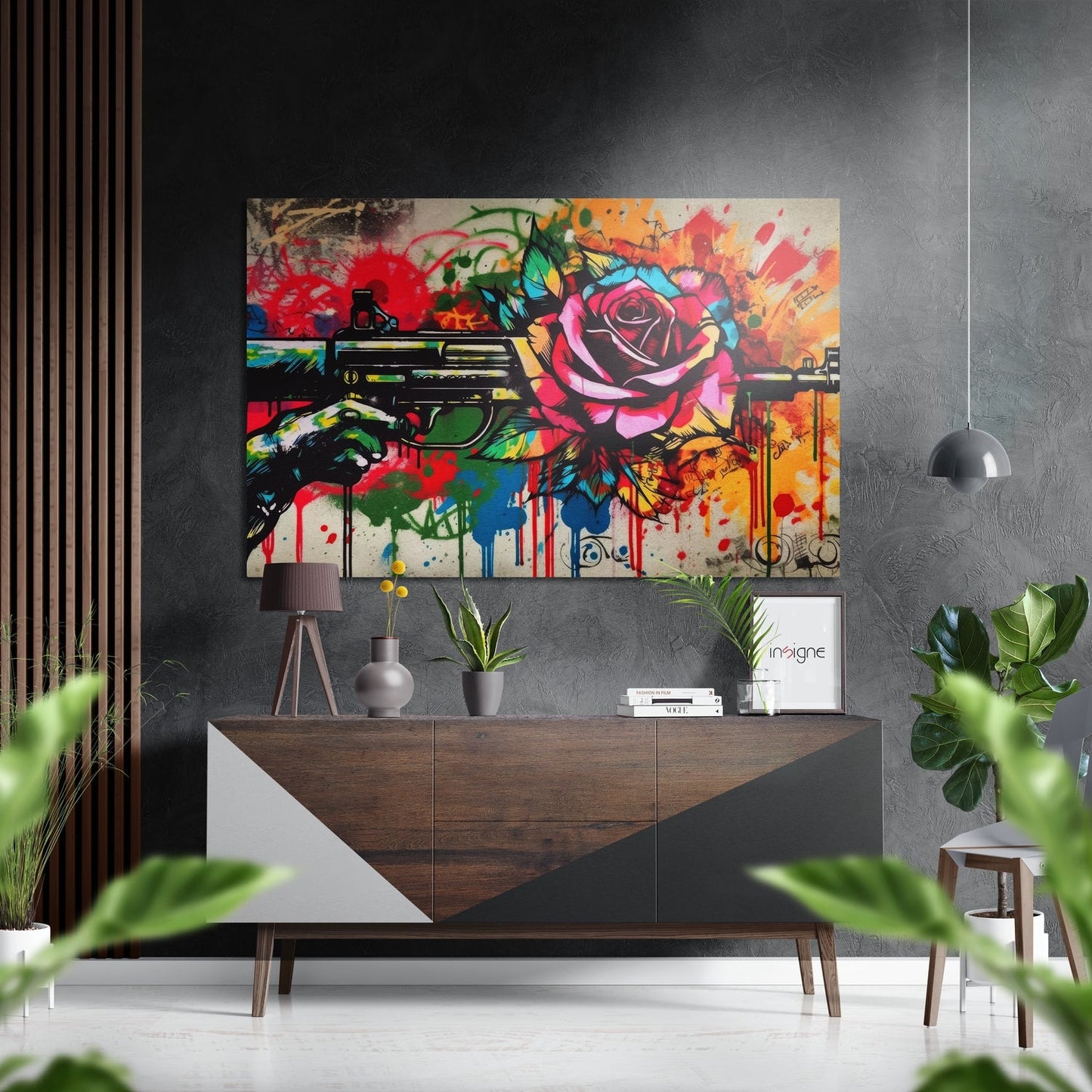 Vibrant street art style gun and roses aluminum print displayed above wooden dresser in modern interior setting.