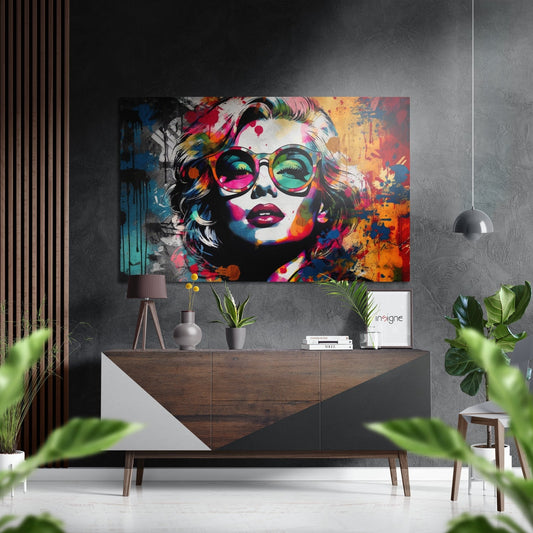 Colorful pop art portrait with green-tinted sunglasses displayed above wooden console in modern interior with plants and pendant lamp.