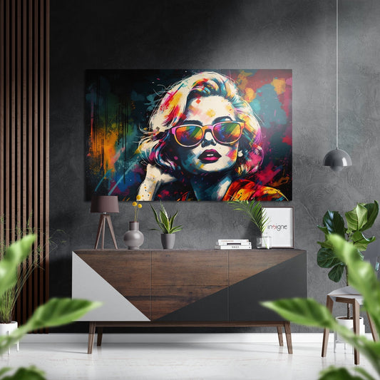 Colorful pop art portrait of blonde woman wearing sunglasses with hand to chin, displayed above wooden console in modern interior setting.