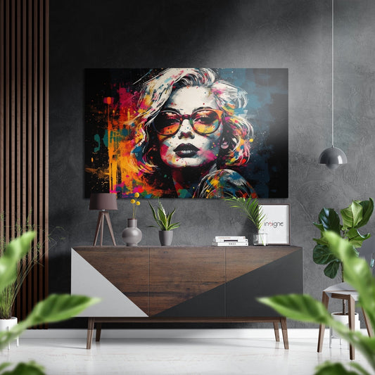 Colorful pop art portrait with amber glasses and teal splatter effects displayed above a wooden dresser in modern interior setting.