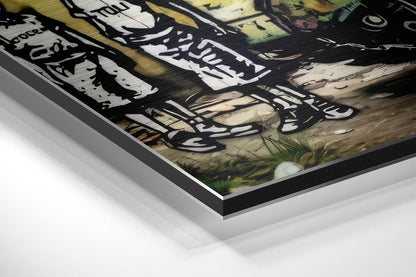 Close-up angled view of brushed aluminum Dibond wall art with black and white graffiti-style artwork featuring text and figures on natural background.