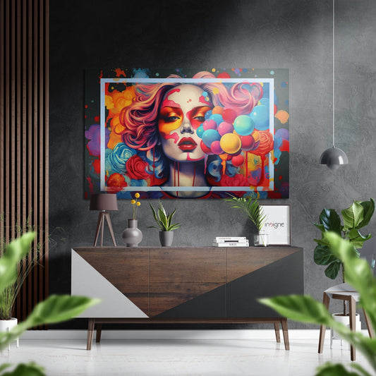 Colorful pop art portrait with vibrant pink hair and multicolored balloons displayed above a wooden console table in a modern interior.