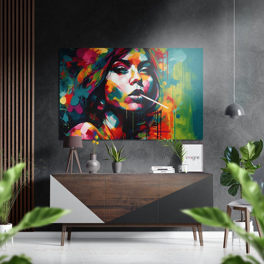 Colorful pop art portrait of a woman with vibrant paint splashes displayed above a wooden console in a modern room setting.