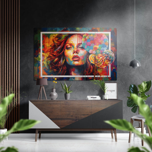 Vibrant pop art portrait of woman with red hair and colorful geometric elements displayed above wooden credenza in modern interior setting.