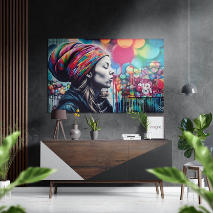 Rainbow Beanie Graffiti Woman Brushed Aluminum Dibond Wall Art