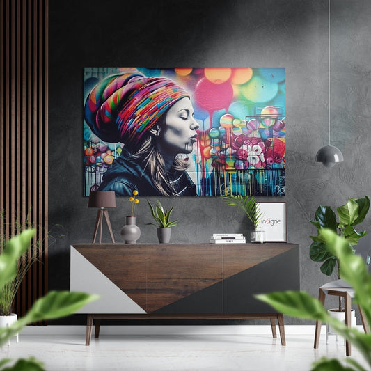 Colorful street art print of a woman wearing a rainbow striped beanie displayed above a wooden credenza in a modern interior.