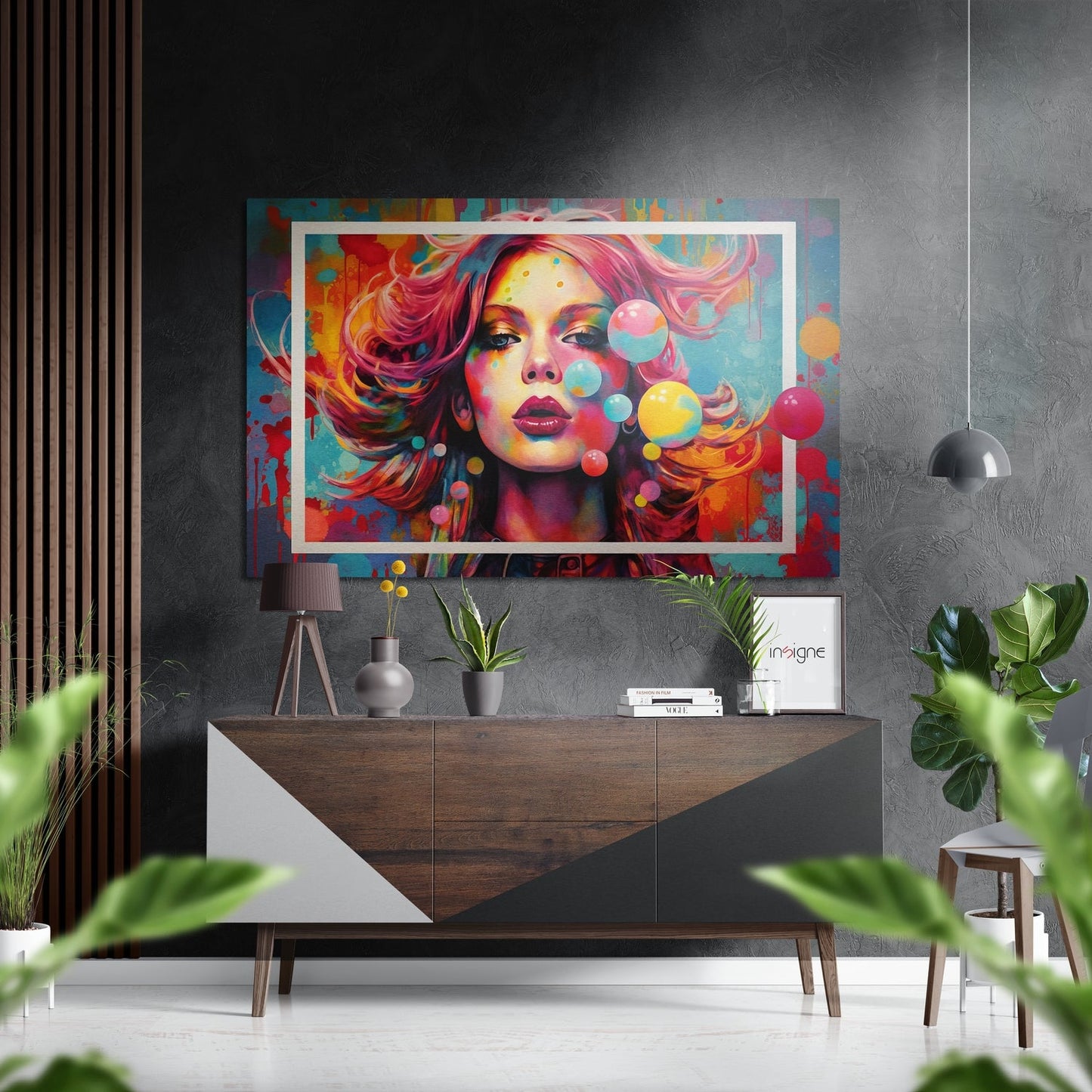Pink Hair Floating Bubbles Woman Brushed Aluminum Dibond Wall Art