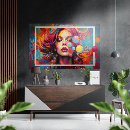 Pink Hair Floating Bubbles Woman Brushed Aluminum Dibond Wall Art